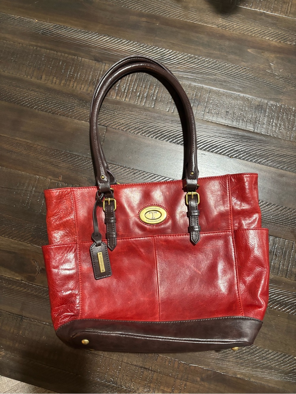 Tignanello Red Leather Tote with Brown Trim and Gold Accents